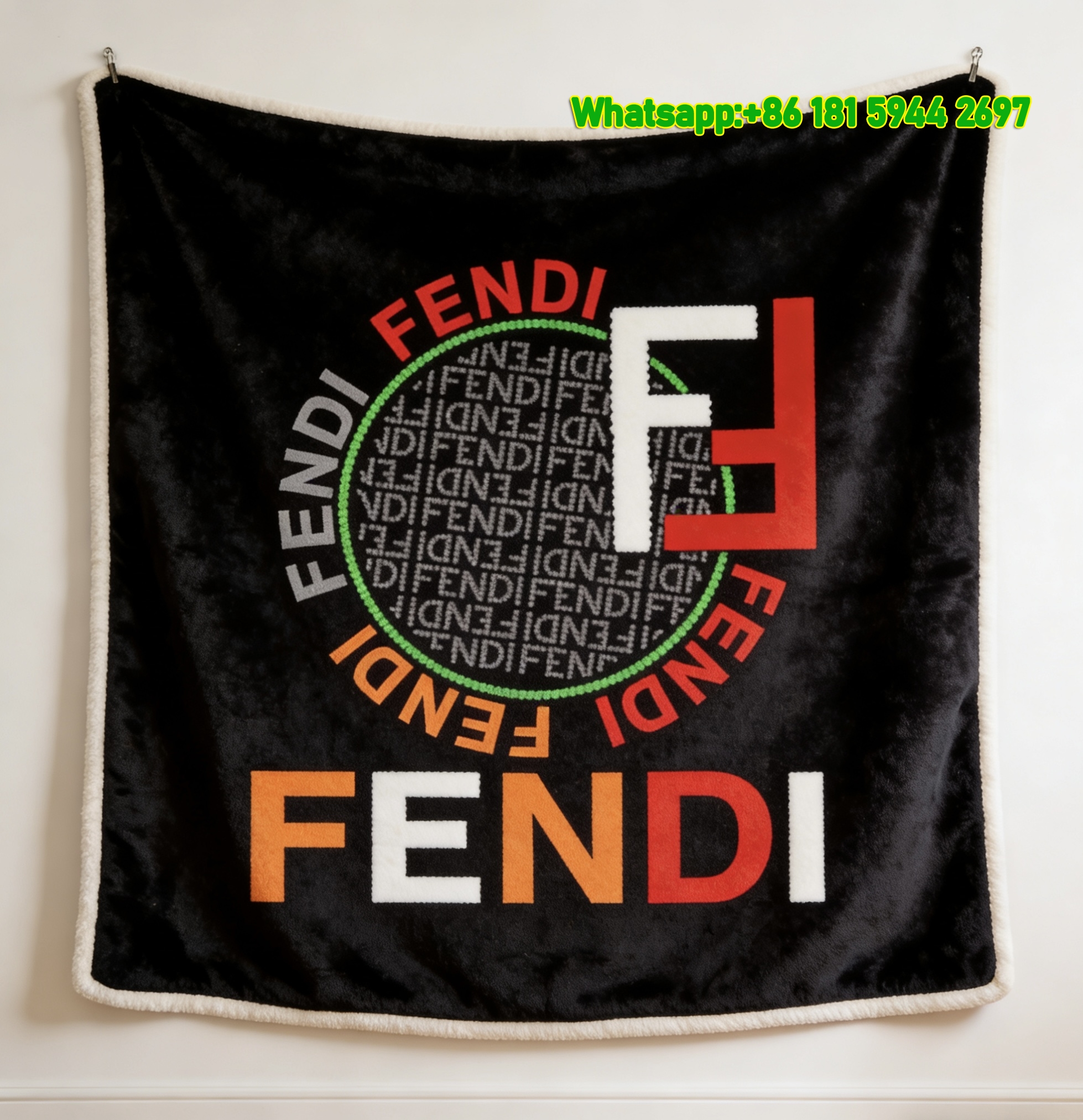 Black Fendi Flannel Throw Blanket Vibrant Multicolor Logo Print IMG_9326